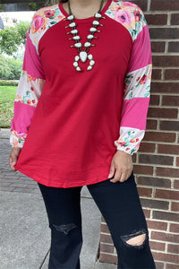 GJQ14619 Pink&Floral multi color printed long sleeve red block color raglan design women top