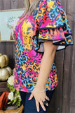 XCH15659 Colorful leopard printed double ruffle short sleeve women tops