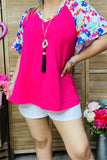XCH15847 Multi color floral printed short sleeve/ruffle V-neckline women fuchsia tops