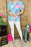 XCH15900 Turquoise&pink&purple multi color printed V-neckline w/colorful trim short sleeve w/tight cuff women tops