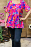 BQ15857 Blue&Teal leaf multi color printed short sleeve square neckline baby doll women tops