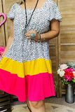 GJQ15845 Black dots printed short sleeve w/ruffle fuchsia&yellow solid color bottom women dress