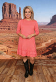 Solid color pink 3/4 sleeves women dress w/ruffle GJQ15571