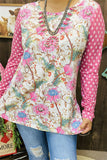 BQ13501S Pink&Teal floral multi color printed long sleeve women tops