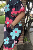 BQ15649 Mint/fuchsia/pink sunflower printed short sleeve w/hem webbing w/side pockets black women dresses