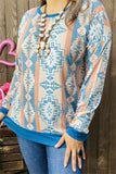 GJQ10223 Solid blue neckline/cuff/hem &Aztec multi color printed long sleeve women top(AS5)