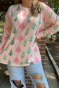 DLH15409 Christmas tree graphic multi color printed in the light pink background fabric long sleeve women tops