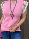 YMY13801 Striped multi color printed ruffle short sleeves w/lace trim pink color women tops