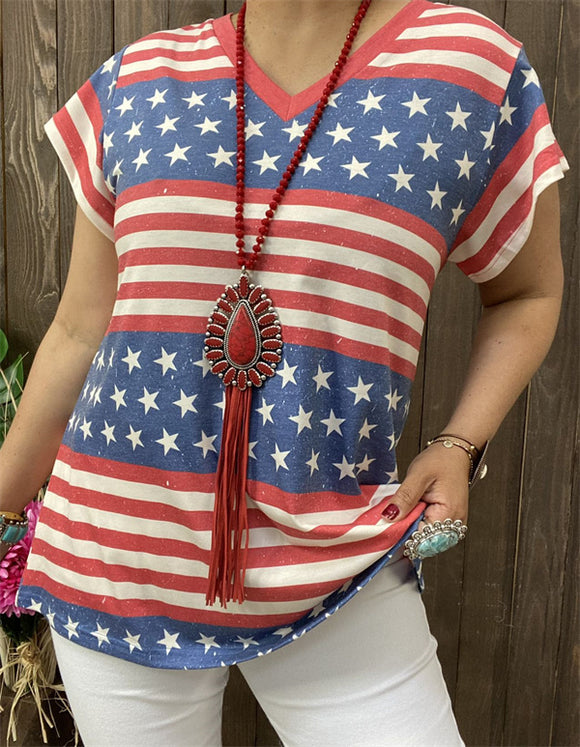 XCH14727 USA flag star&red striped multi color printed short sleeves women tops