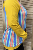 BQ8088 Mustard multi color striped printed w/hoodie long sleeve tops for women w/pocket(AS1)