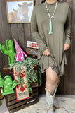 YMY11950-1 Solid olive green long sleeve dress w/pockets (AS15)