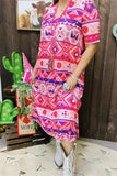 GJQ15744 Purple/fuchsia/pink Aztec multi color printed short sleeve women dress w/side pockets