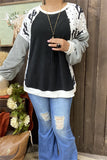 BQ15021 Cactus&dots solid gray black block printed long sleeve drop shoulder women tops IS22