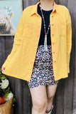 XCH15255 Yellow solid color w/front pockets w/buttons long sleeve women shirt