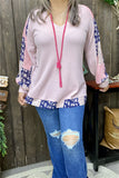 GJQ15675  Long sleeve w/chiffon fabric&blue/pink multi color printed women pink blouse