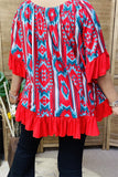 YMY15524 Mint/Turquoise/Red  printed short sleeve w/red ruffle trim&bottom loose neckline women blouse