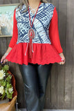 GJQ15031 Black striped Red block printed 3/4 sleeve ruffle hem women tops (BS7)