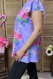 GJQ15842  Fuchsia multi color floral printed V-neckline short sleeve w/ruffle women purple tops