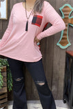 BQ8142 Pink long sleeve w/plaid printed back women tops w/front pocket (ES2)