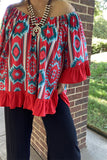 YMY15524 Mint/Turquoise/Red  printed short sleeve w/red ruffle trim&bottom loose neckline women blouse