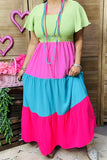 BQ14640-1 Green/pink/blue/fuchsia women long dress w/elastic upper short sleeve/ruffle w/side pockets