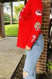 XCH15628 "Merry Christmas"white words printed long sleeve w/sequin Christmas accessories Patches women red tops