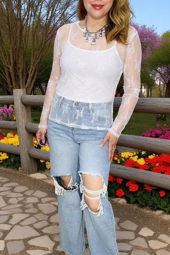 Shop Sheer White lace women tops w/long sleeve BQ16001