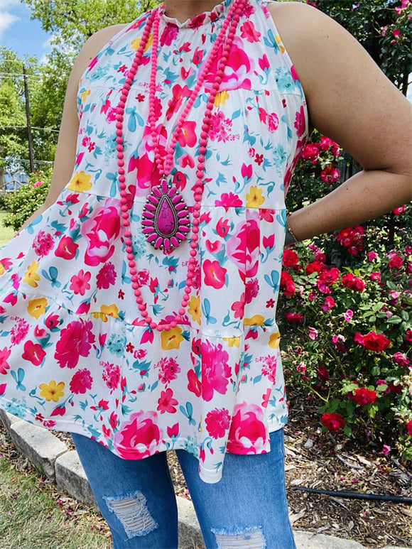 Plus size women clothing Floral printed baby doll style ladies top GJQ14217  (AS13)