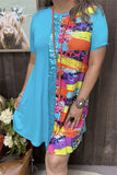 GJQ15176 Blue & Sequin & Prints color block short sleeve women dress w/side pockets (BS13 )