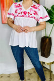 XCH15919 Fuchsia floral multi color embroidery short sleeve V-neckline women white blouse