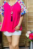 XCH15847 Multi color floral printed short sleeve/ruffle V-neckline women fuchsia tops