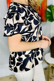 YMY15970 Black leaves printed short sleeve w/three tiers ruffle women tops