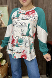 XCH15183 Riding horse&Cactus western graphic multi color printed raglan long sleeve women tops