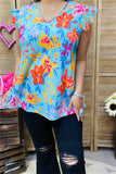 GJQ15909 Coral&yellow floral multi color printed short sleeve w/ruffle V-neckline women tops