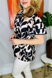 YMY15970 Black leaves printed short sleeve w/three tiers ruffle women tops