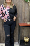 XCH14656 Half big leopard&block solid color black printed w/pink side sequin long sleeve women tops w/v-neckline