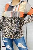 YMY12331 Leopard and part of orange multi color printed w/hoodie with string long sleeve women tops(AS4)