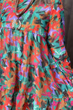 XCH15484 Multi color floral printed long sleeve w/elastic cuff loose women dress