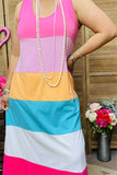XCH15894 Block pink/mint/yellow/white multi color printed sleeveless women dress w/side pockets