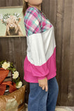 XCH15251 Colorful checked fuchsia&white block printed long/tighten cuff sleeve women tops