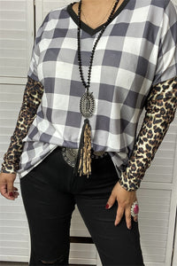 BQ11648 Checked V-neckline leopard printed tighten long sleeve women tops (AS9)