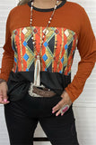 YMY9809 Rust Aztec color block printed long sleeve top for women SC12