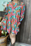 XCH15484 Multi color floral printed long sleeve w/elastic cuff loose women dress