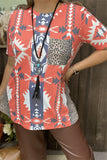 GJQ14902 Orange Aztec prints & back w/front pocket leopard short sleeve women top