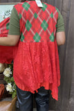 XCH15320 Red/green printed w/red lace irregular bottom with red lining women vest/cardigan