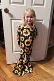 XCH0013-11H Kids sunflower printed top bell bottom girls clothing sets wholesale (A6S2)