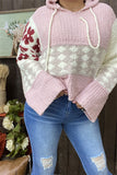 MY15306 Pink block rust red printed  knitted fabric women sweater loose long sleeve w/long string hoodie