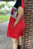 XCH15542 Serape&Aztec w/leopard multi color printed block red/black short sleeve w/side pockets women dress