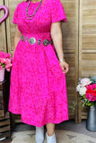 GJQ15908 Fuchsia leopard printed short sleeve w/ruffle women fuchsia dress