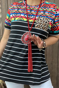 BQ11793 Striped&Aztec&Leopard multi color printed w/front pocket short sleeves women tops